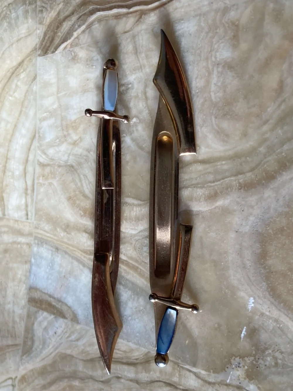 Vintage Swank Cutlass Sword Tie Clips Lot of 2 Gold Tone Pearl Handles MCM